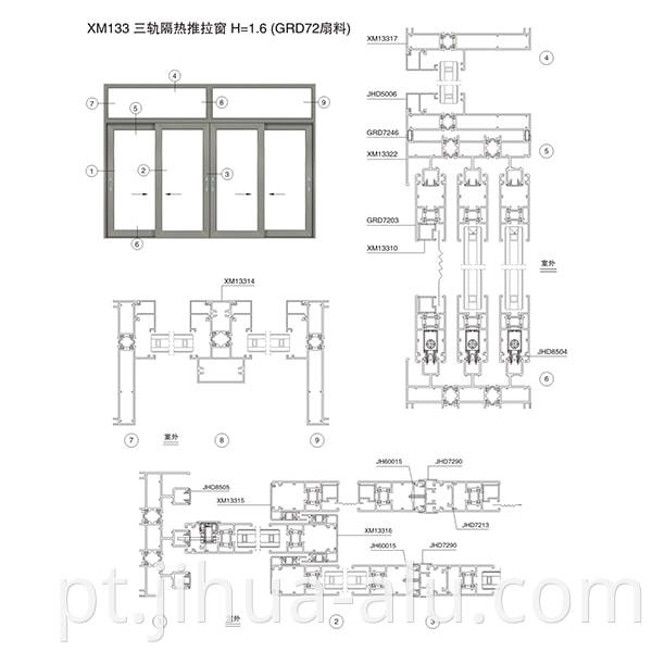 Aluminum XM88-133 Insulated Three-Track Push-Pull Window Assembly Structure